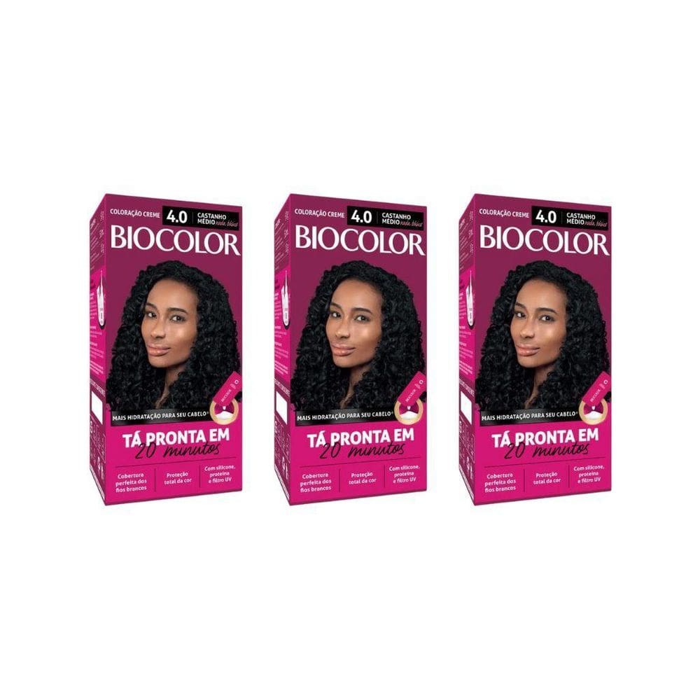 Coloraçao Biocolor Creme 4.0 Castanho Médio - Kit Com 3Un