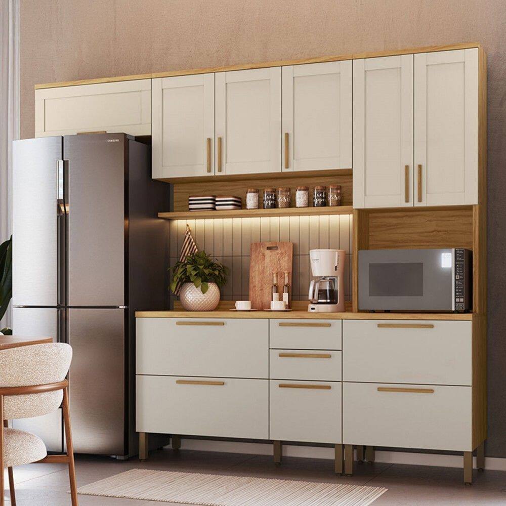 Armário de Cozinha Americana com Balcão e Tampo 11 Portas 2 Gavetas Texas 100% Mdf Amêndoa/Off White - Pnr Móveis