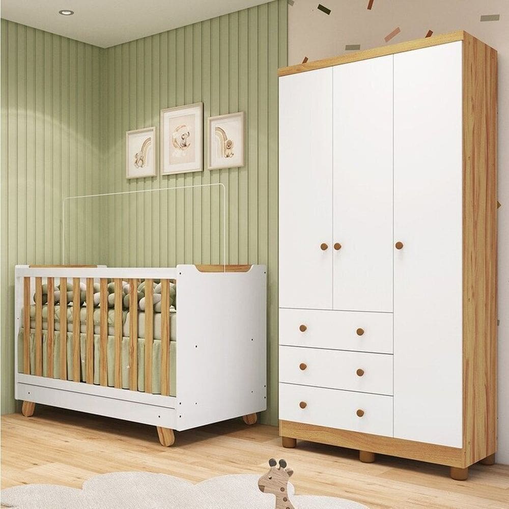 Quarto de Bebê com Guarda-roupa 3 Portas e Berço 4 em 1 Minicama 100% Mdf Mike Espresso Móveis Branco Brilho/Amêndoa