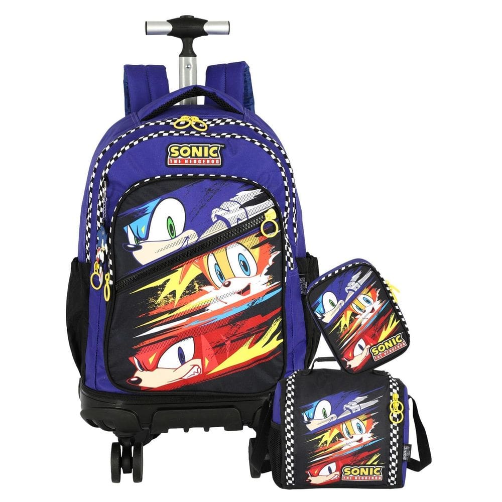Kit Escolar Sonic Mochila Rodinha + Lancheira Estojo Box Az