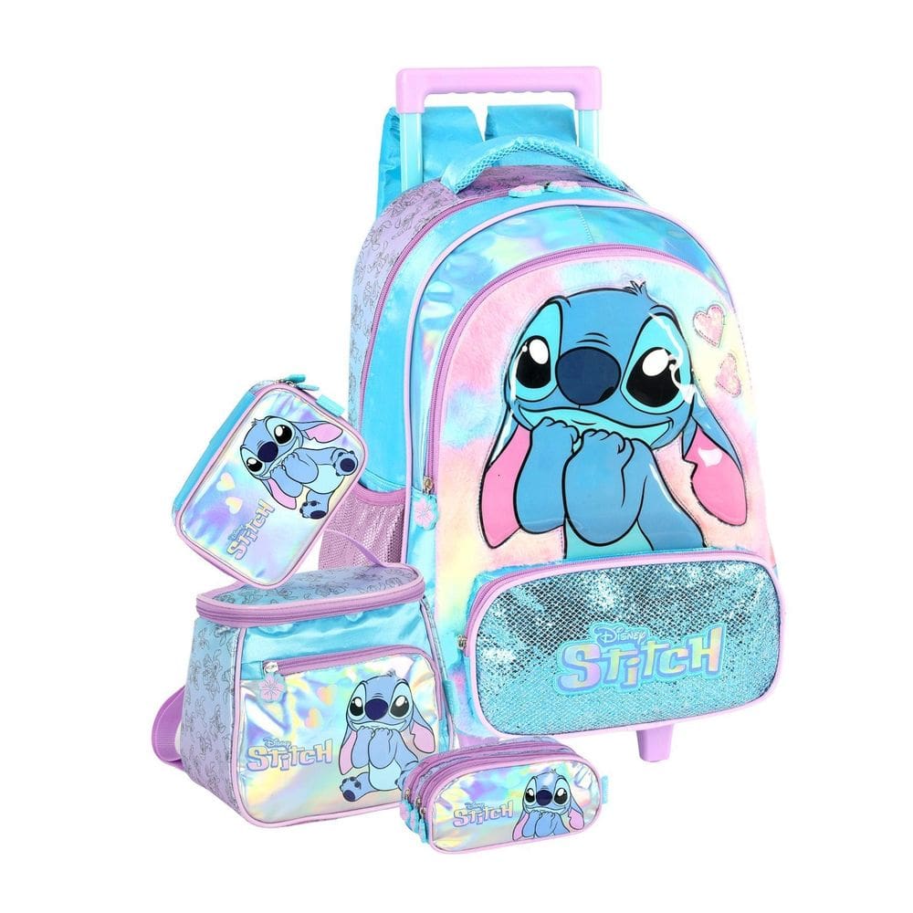 Kit Stitch Mochila Rodas + Lancheira + Estojo Box E Triplo