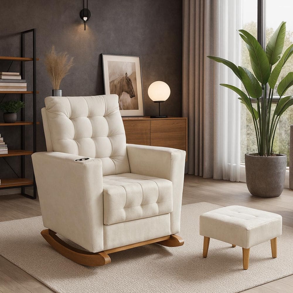 Poltrona Duna Amamentação Balanço e Puff BegeClaro