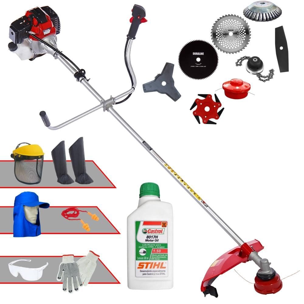 Roçadeira Toyama RT43L 43cc Com Carretel Nylon + Facas 2 Pontas, 3 Pontas, 6 Pontas, 40 Dentes, 80 Dentes, Trimmer e Escova de Aço + EPI + ÓLEO STIHL