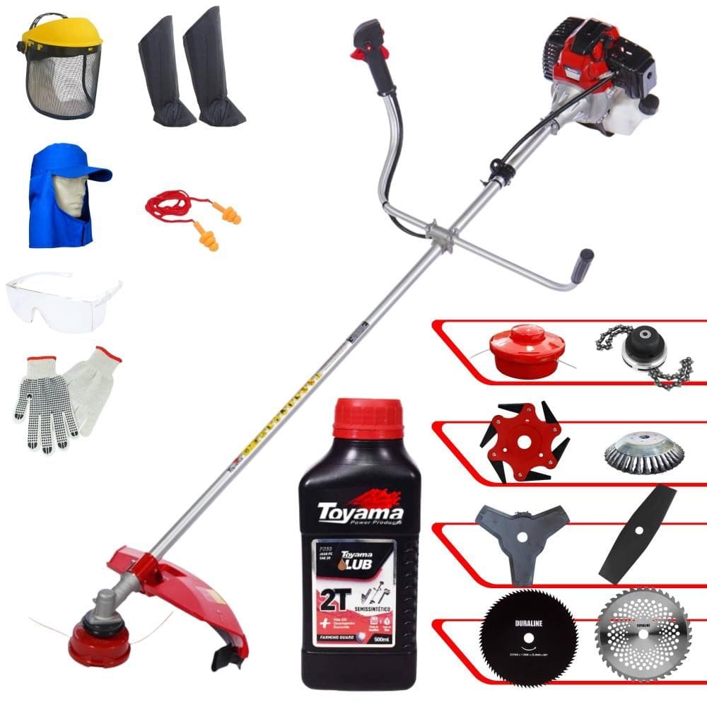 Roçadeira Com Sistema Antivibração Toyama RT43L 43cc 1,7HP 10.000rpm Completa Com Carretel de Nylon + 7 Opções de Corte + EPI + ÓLEO TOYAMA 2 TEMPOS
