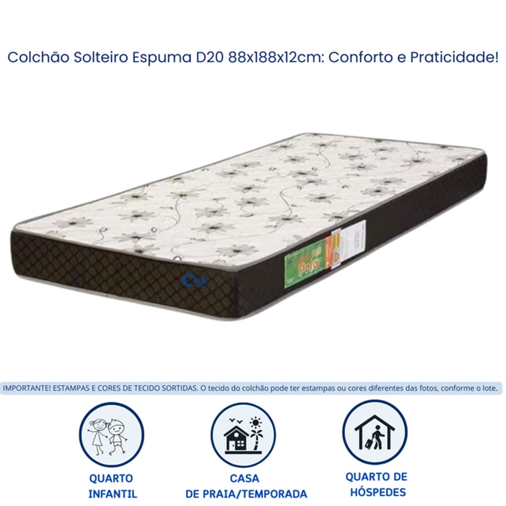 Colchão Solteiro Espuma D20 (12cm) | Ideal para Bicama Cama Auxiliar, Infantil e Hóspedes.