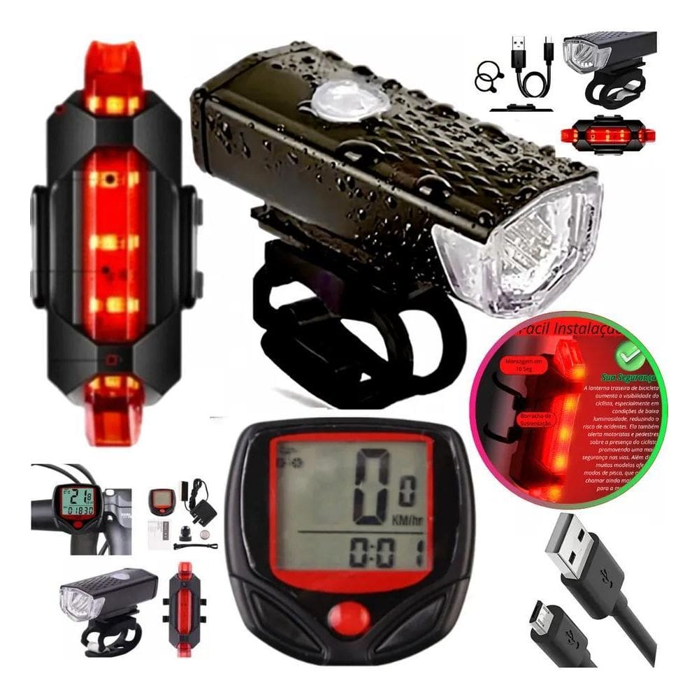2X Farol Lanterna E Velocimetro Bicicleta Usb Bike Ultra Led