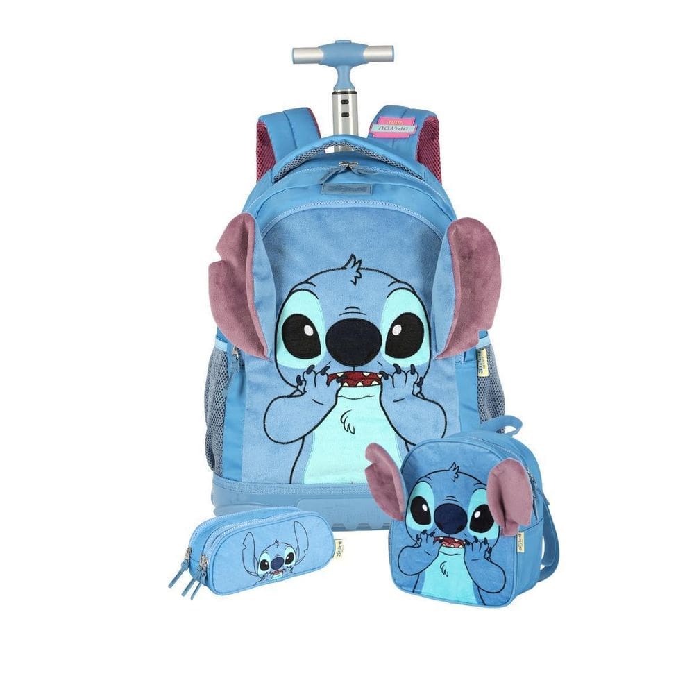Kit Mochila Stitch Rodas Lancheira E Estojo Triplo Escolar