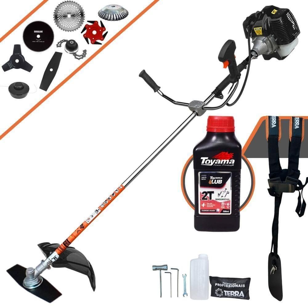 Roçadeira Terra Grh520 À Gasolina 52cc 2,5hp + Faca 3 Pontas + Faca 40 Dentes + Faca 80 Dentes + Faca 6 Pontas + Escova