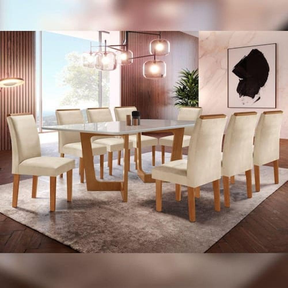 Conjunto Sala De Jantar Nápoles Tampo Vidro/MDF com 8 Cadeiras Luísa Smart Plus Cel Móveis Cinamomo/Off White/Bege