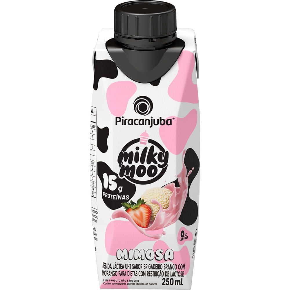 Bebida Láctea Pirancanjuba Milky Moo Mimosa Sabor Brigadeiro Branco com Morango com 15g de Proteína 250ml