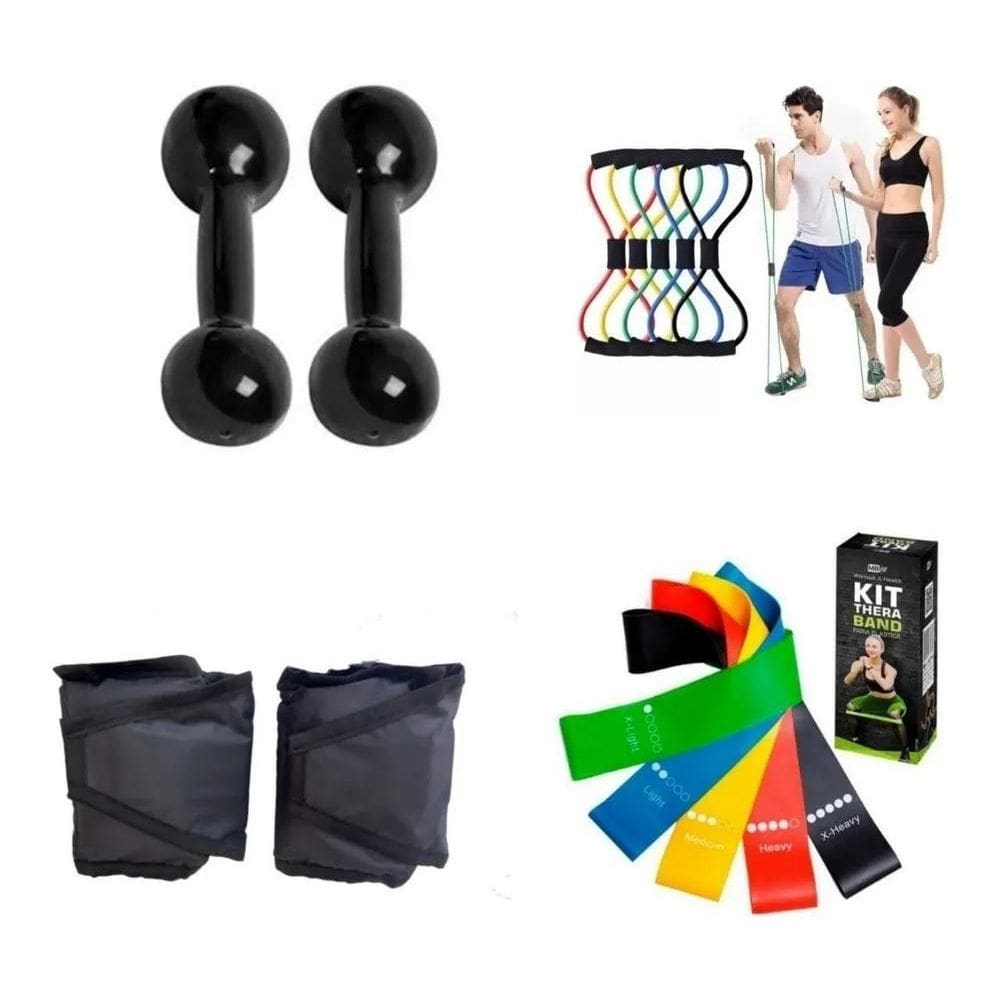 2X Kit Academia Halter 1Kg+ Caneleira 1Kg+ Theraband+ Elásti