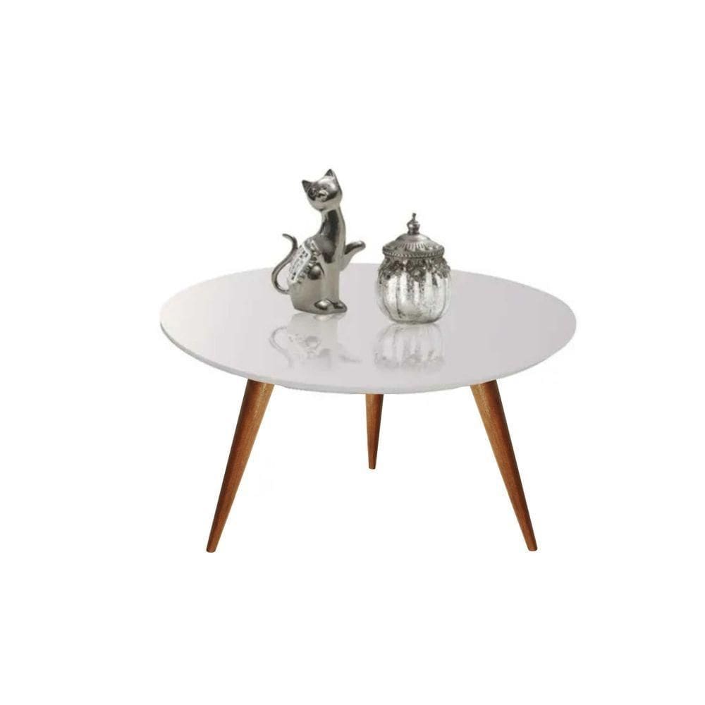 Mesa De Centro Redonda Laqueada Com Vidro Colado Pé Palito 60cm Off White