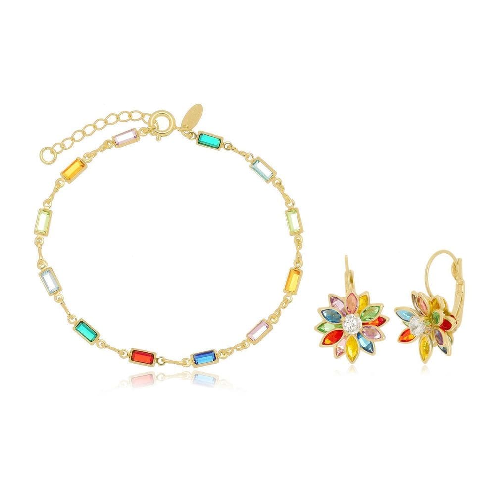 Pulseira E Brinco Flor Banhado A Ouro 18K