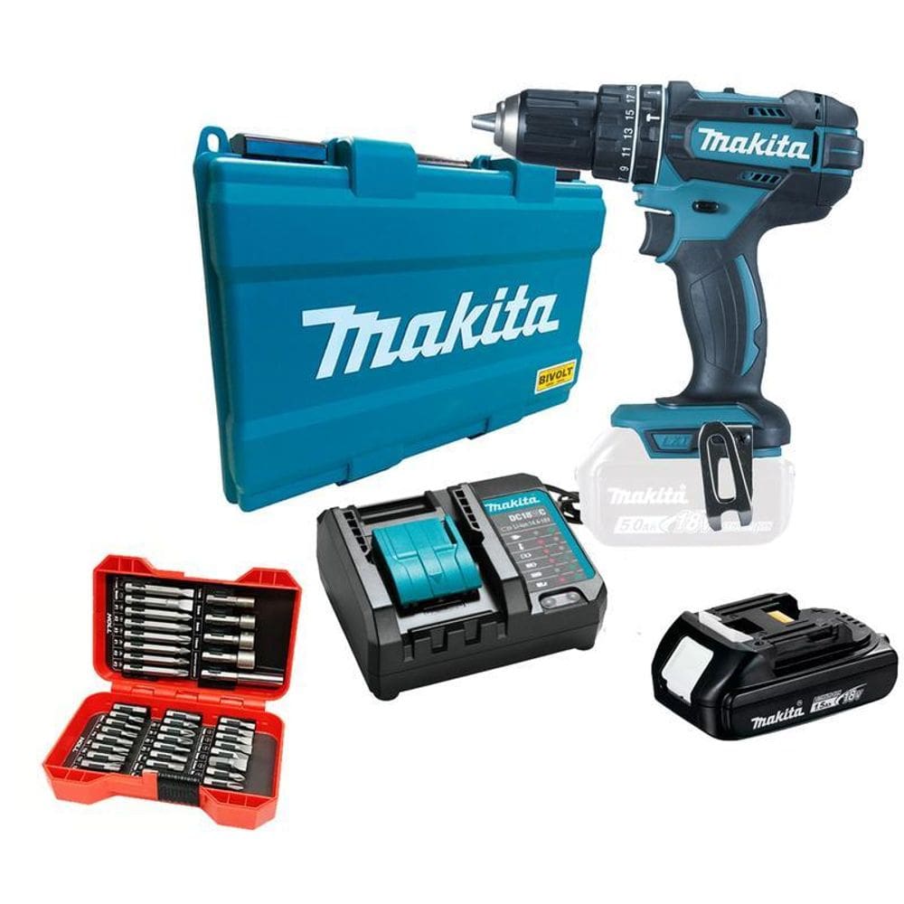 Parafusadeira 18V Makita Dhp482Y002 1Bat 1,5A + Jg 37 Peças