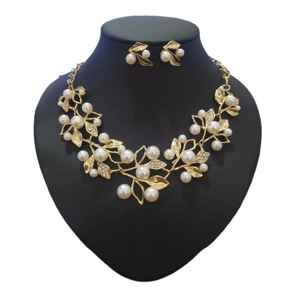Conjunto Colar Brinco Dourado Ouro Strass Pérola Noiva Festa