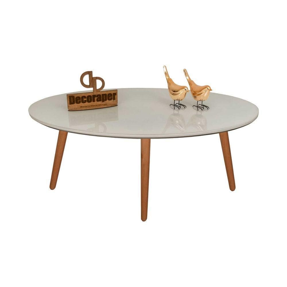 Mesa De Centro Oval Laqueada Com Vidro Colado Pé Palito 90x50 Off White