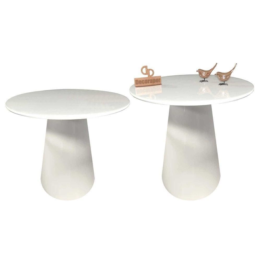 Kit Mesa De Canto Com Vidro 50cm E Base Cone Laqueada Branca