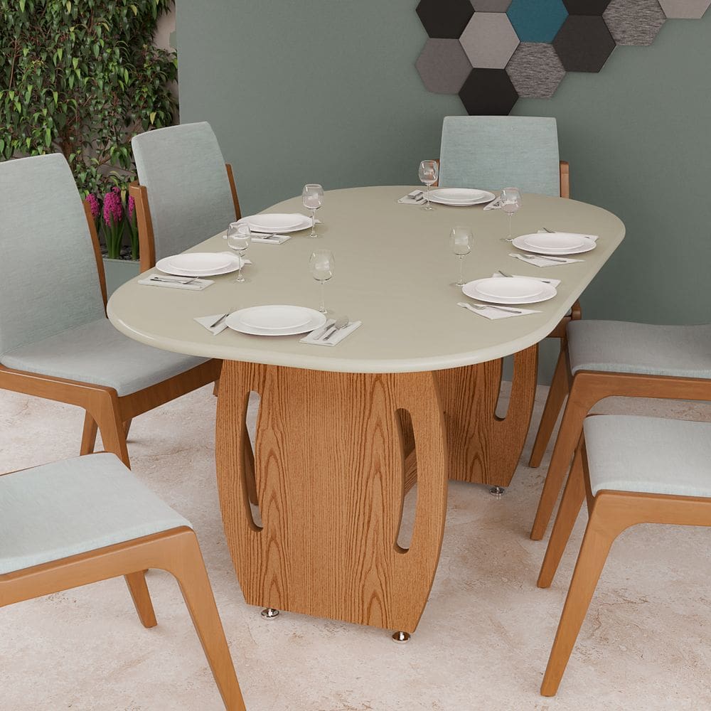 Mesa De Jantar Oval Moderna Base trabalhada em Mdf 6 Lugares