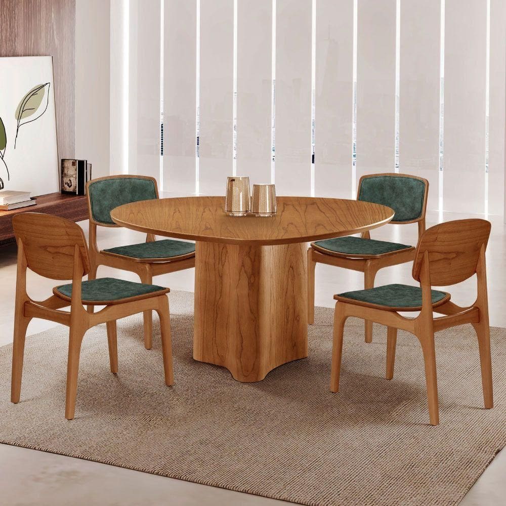 Mesa 135cm Laminado Com 4 Cadeiras Malta Moderna Jade / Imbuia Nat.