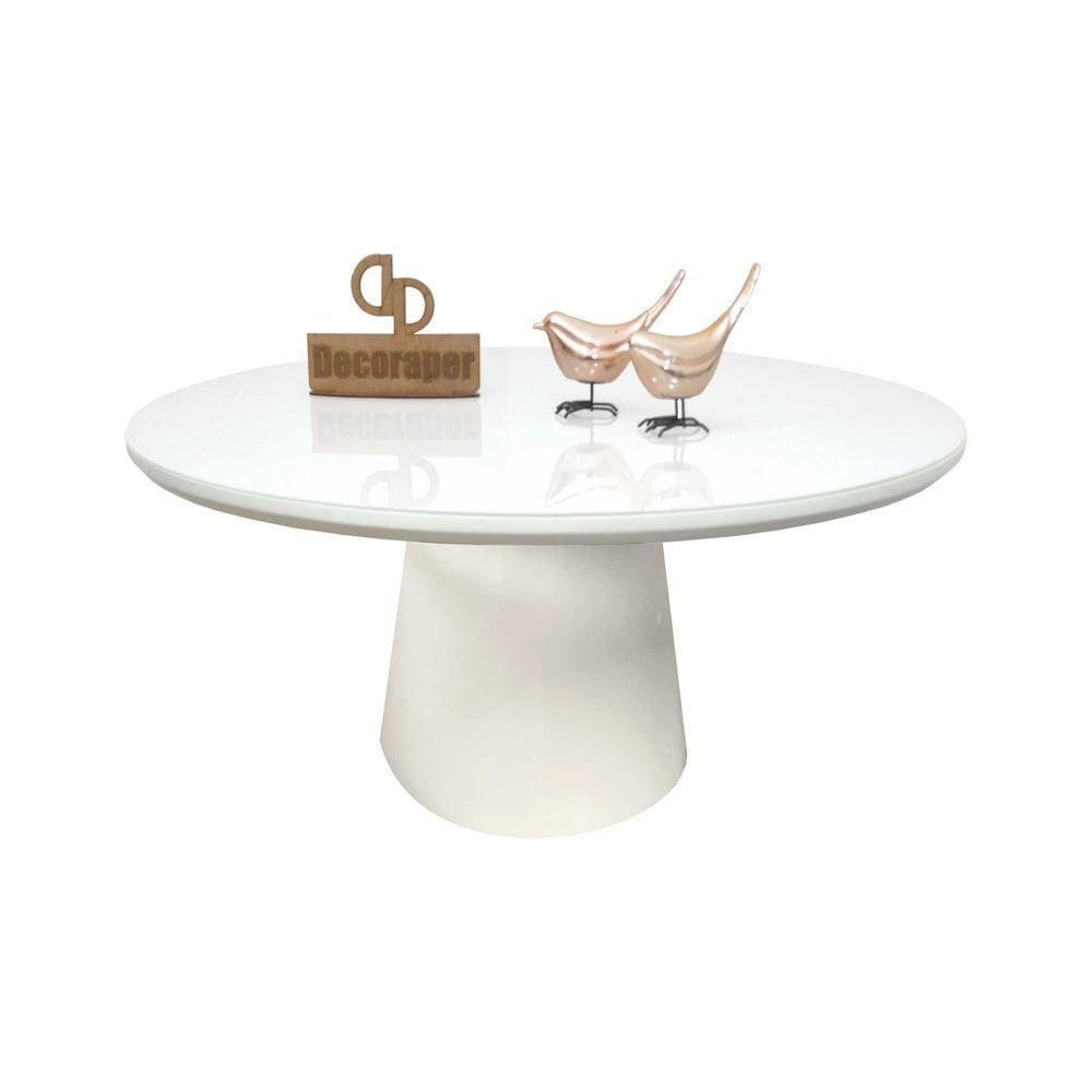 Mesa De Centro Com Vidro 70cm E Base Cone Laqueada Branco 35cm