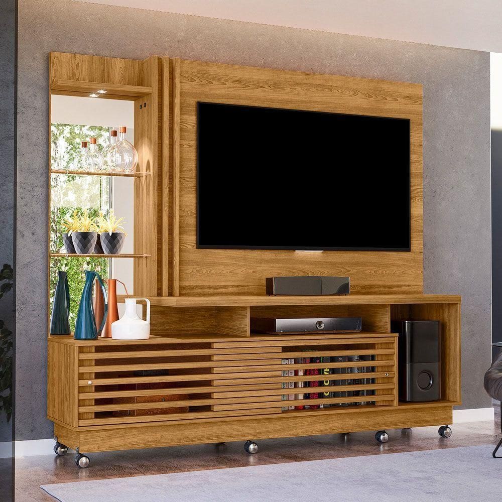 Estante De Tv 60 Pol 200cm Com Rodízio Sala De Estar Lumari Cumaru M20 - D`rossi