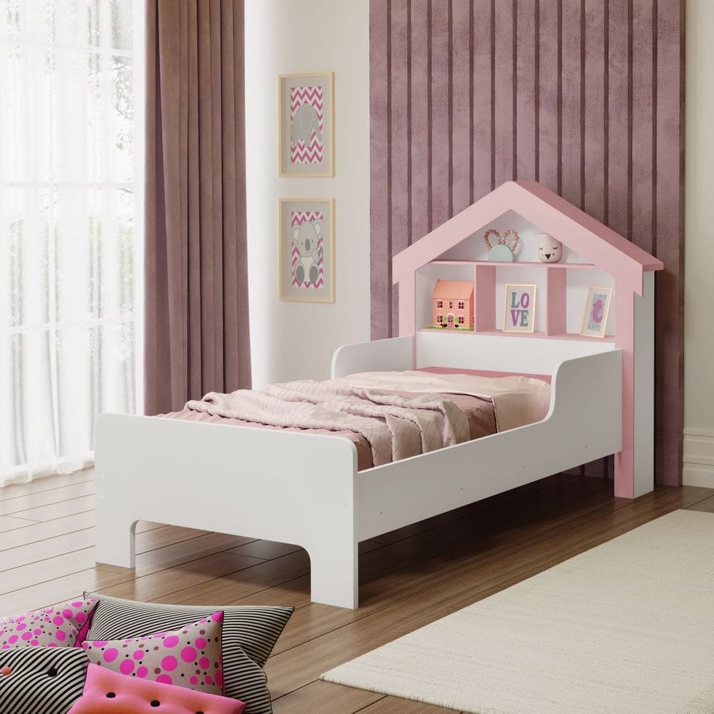 Cama Infantil Solteiro Casinha com Prateleira Organizadora Decorativa