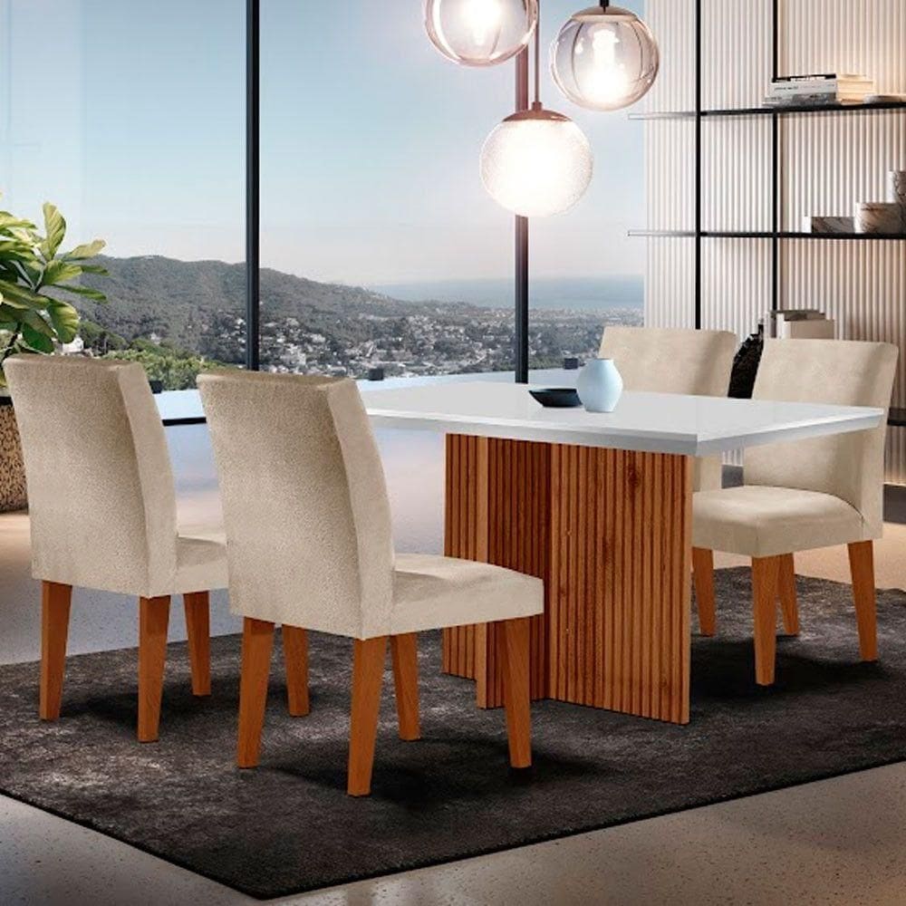 Sala De Jantar Mesa Olimpia Canto Reto Com 4 Cadeiras Grecia Creme/off White/imbuia Ripado
