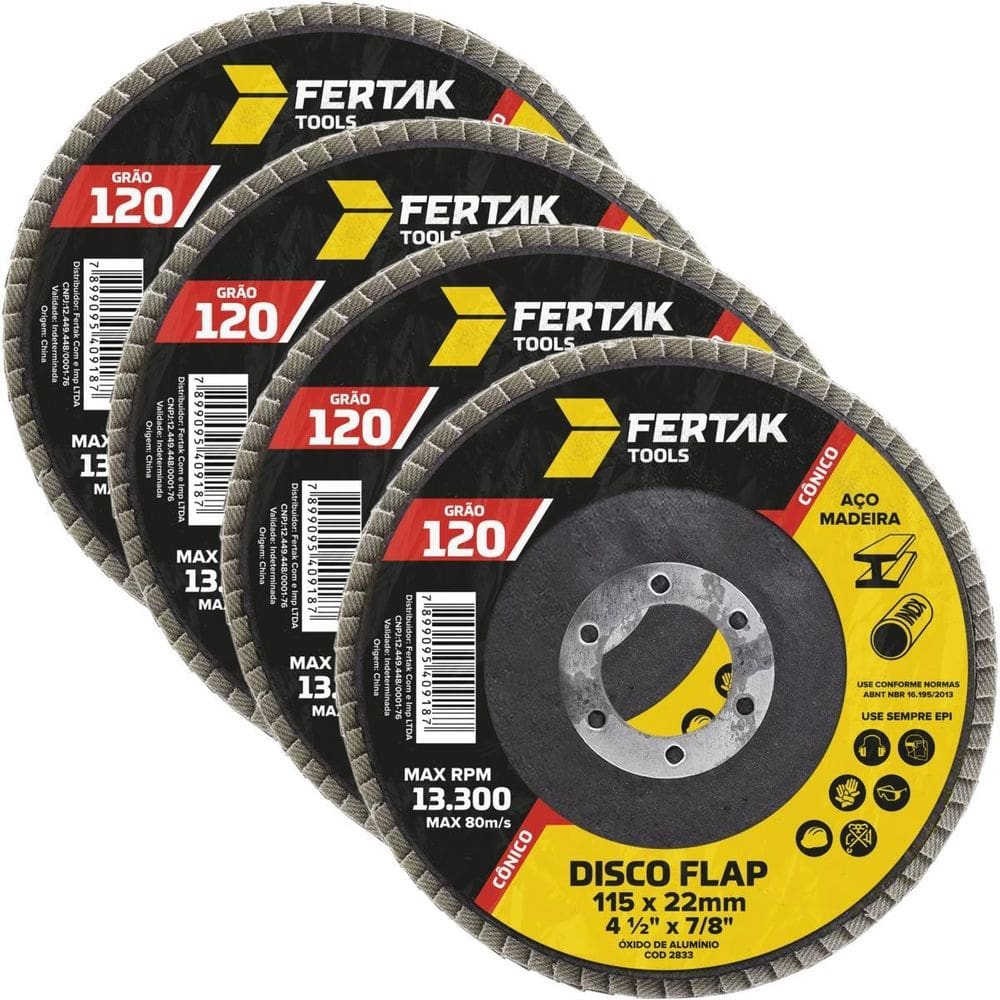 Disco Flap Cônico 115Mm Grão 120 Madeira Aço Desbaste 04 Un