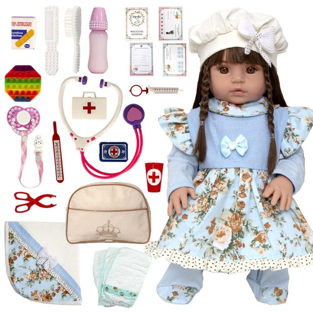 Boneca Bebe Reborn Realista Fofa Com Roupa Azul E Itens Luxo