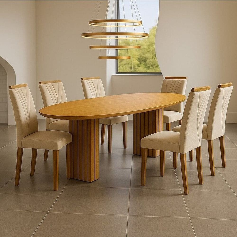 Conjunto Sala de Jantar 6 Lugares com Tampo Orgânico Isis Freijó/Palha