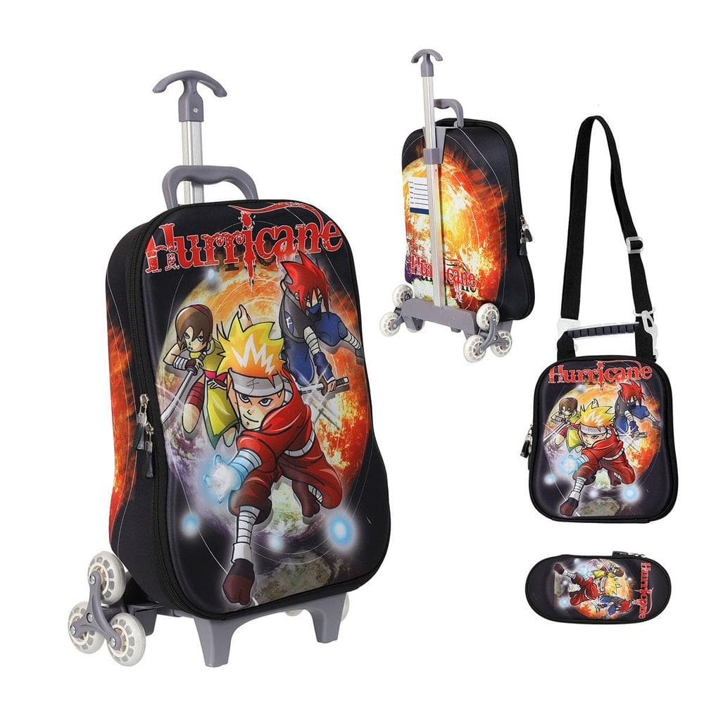 Kit Mochila 3D com Rodinhas, Lancheira e Estojo - Hurricane