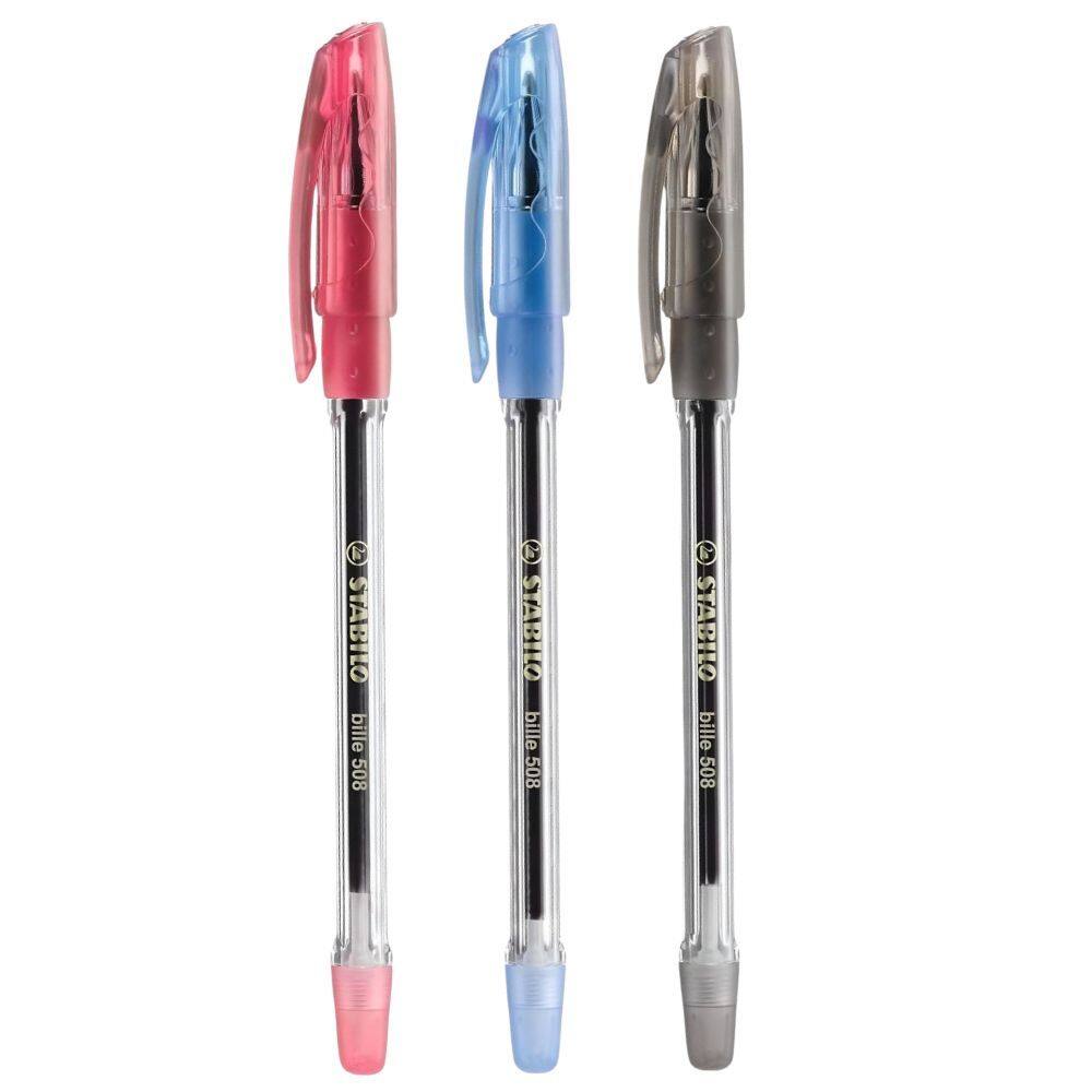 Kit 03 Caneta Esferográfica Bille 508 Ponta de Aço 1.0mm Grip Emborrachado Preta | Azul | Vermelha - Stabilo