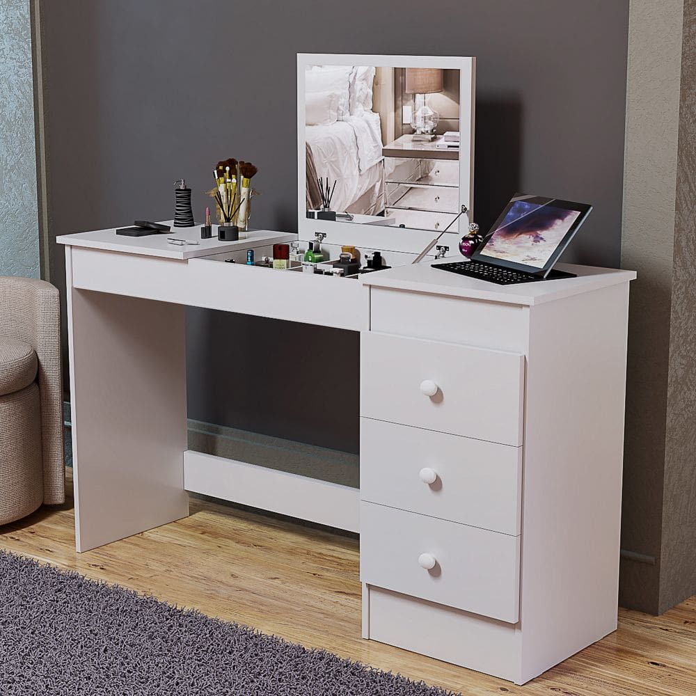 Penteadeira Multifuncional Escrivaninha Compacto Com Espelho e 3 Gavetas