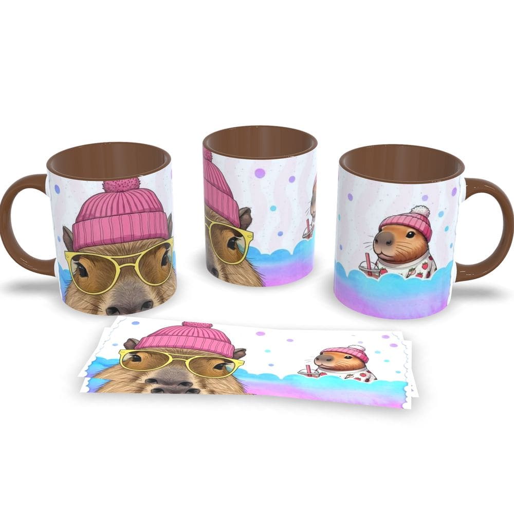 Caneca Com Alça e Interior Marrom de Porcelana Capivara 325ml Café Chá
