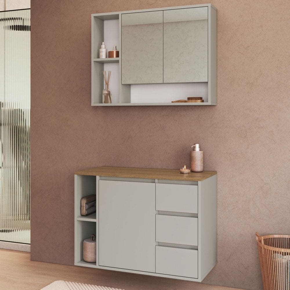 Armário de Banheiro Belagavi 3 Portas 3 Gavetas com Espelho Arenas - Art In Móveis