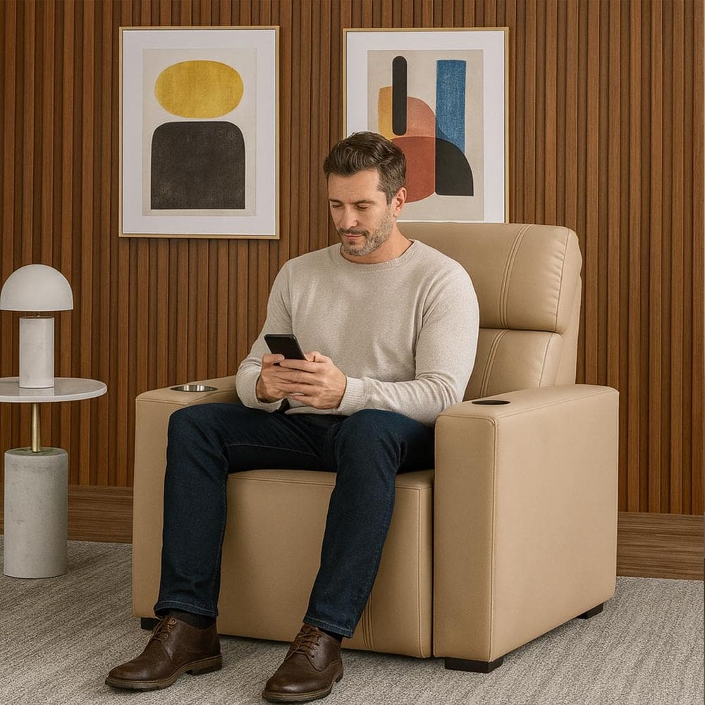 Cadeira Do Papai Ocean Retratil Reclinavel Porta Copo Usb Bege Suede