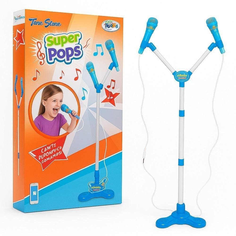 Kit Microfone Infantil Duplo Com Pedestal Conecta No Celular Som E Luz De Led Karaoke Rock Hero Squad Menino