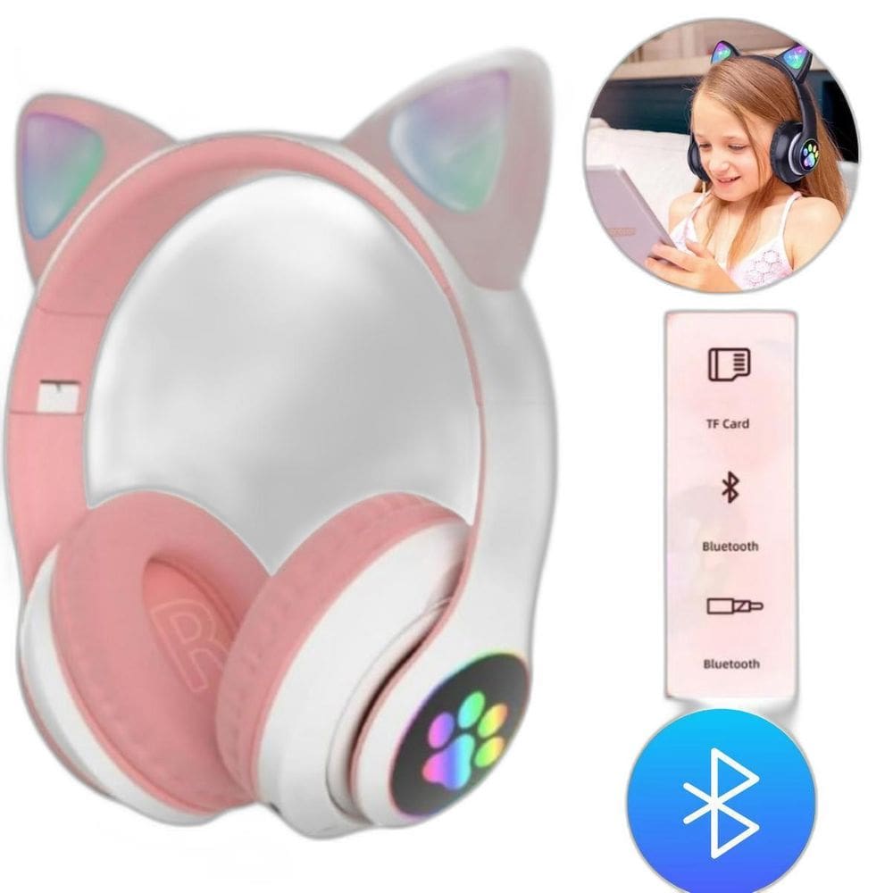 Fone Sem Fio Infantil Gatinho Rosa Luzes Orelhas Gatinho