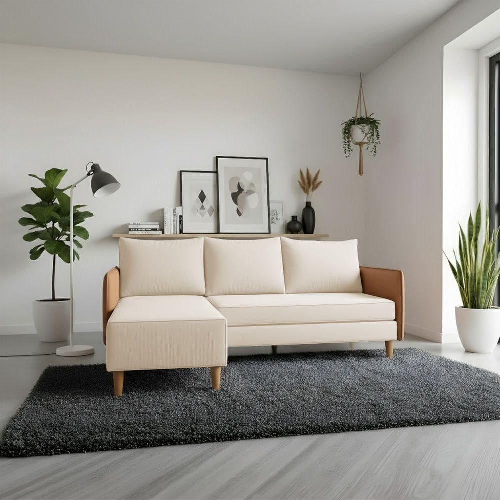 Sofá Living Roma Com Chaise 3 Lugares 1,90m Linho Bege Com Braço Corino Caramelo