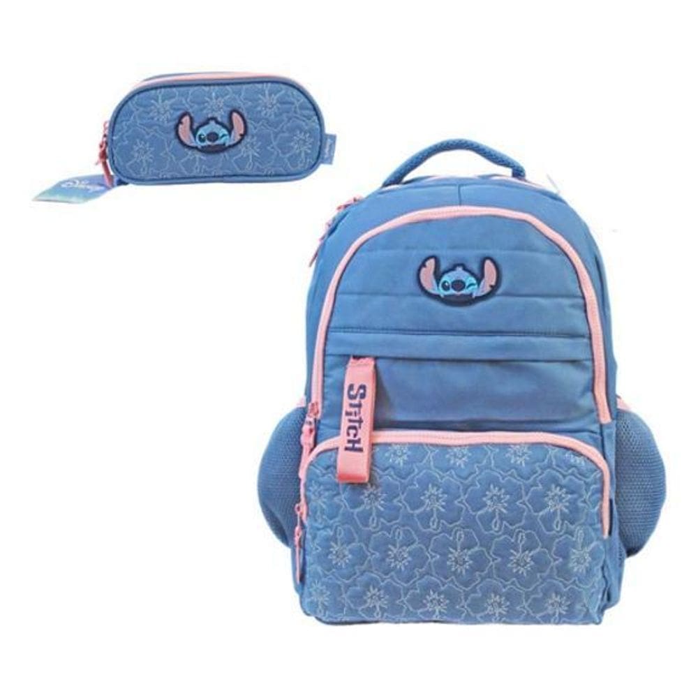 Kit Mochila Costas Notebook Com Estojo Triplo  Stitch