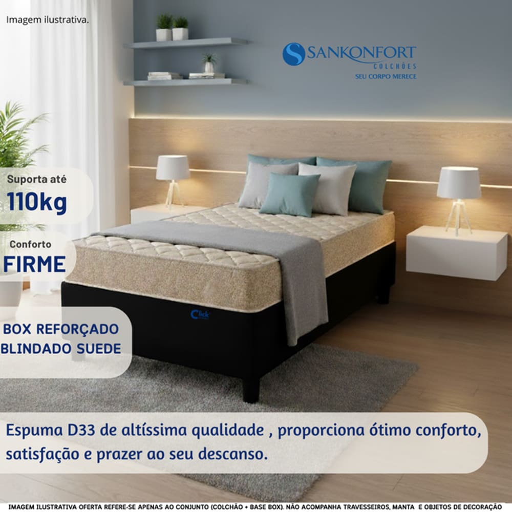 Conjunto Box Solteiro ColchãoToulon D33 Sankonfort + Base Box Blindada Suede 88x188 | Suporte 110kg