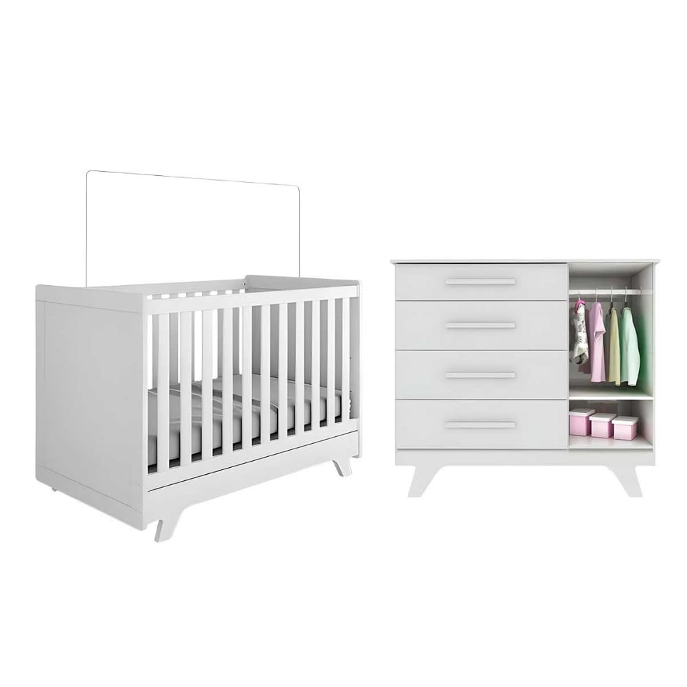 Kit Berço E Cômoda Retrô Peroba Branco Quarto Infantil