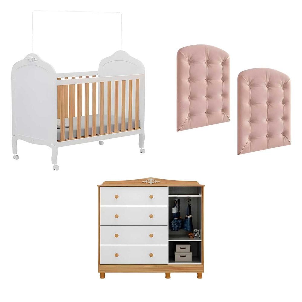Kit Berço Cômoda e Cabeceira Capitonê Peroba Elô Infantil