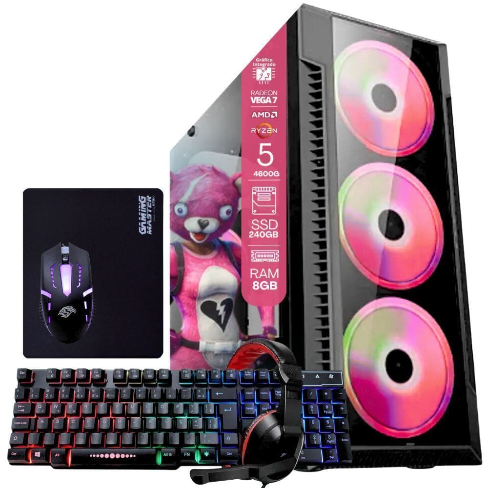 PC Gamer AMD Ryzen 5 4600G  8GB RAM  Placa de video Radeon Vega 7  SSD 240GB  Fonte 200W + Kit Gamer Completo