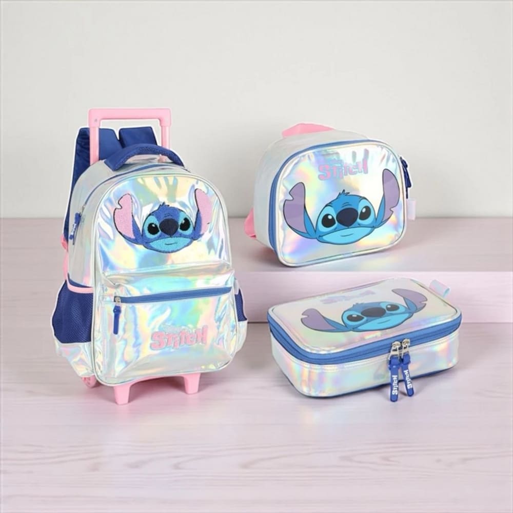 Kit Mochila Rodinhas Stitch Estojo Lancheira Holográfico Grande Luxcel Holografica