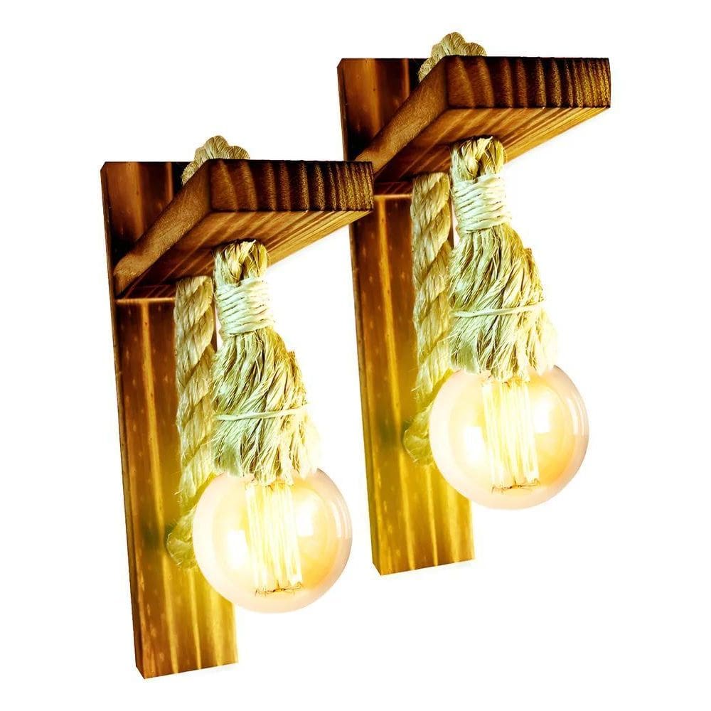 Kit 2 Arandela Luminária Parede Madeira Retrô Rústica Sisal