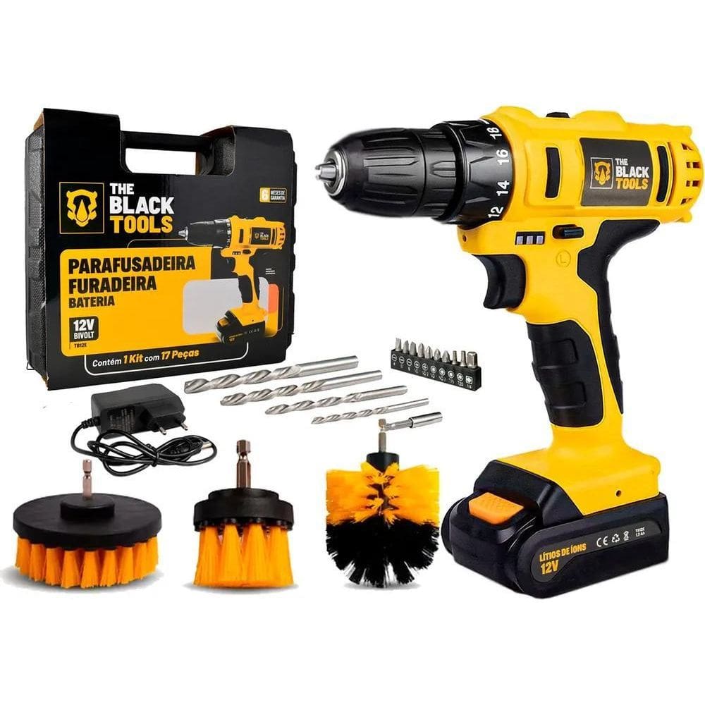 2X Parafusadeira Furadeira 3/8 Bateria + Kit Escova Cor Amar