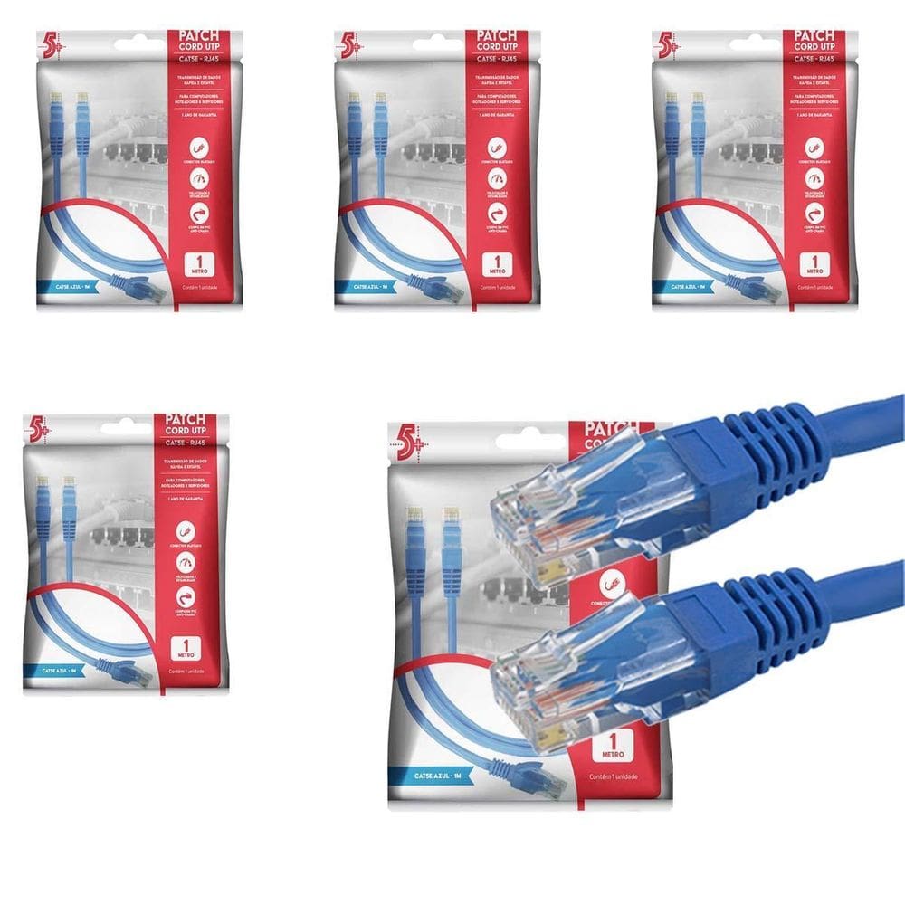 5X Cabo De Rede Patch Cord Gigabit Cat5E Até 1Gb Azul 1M