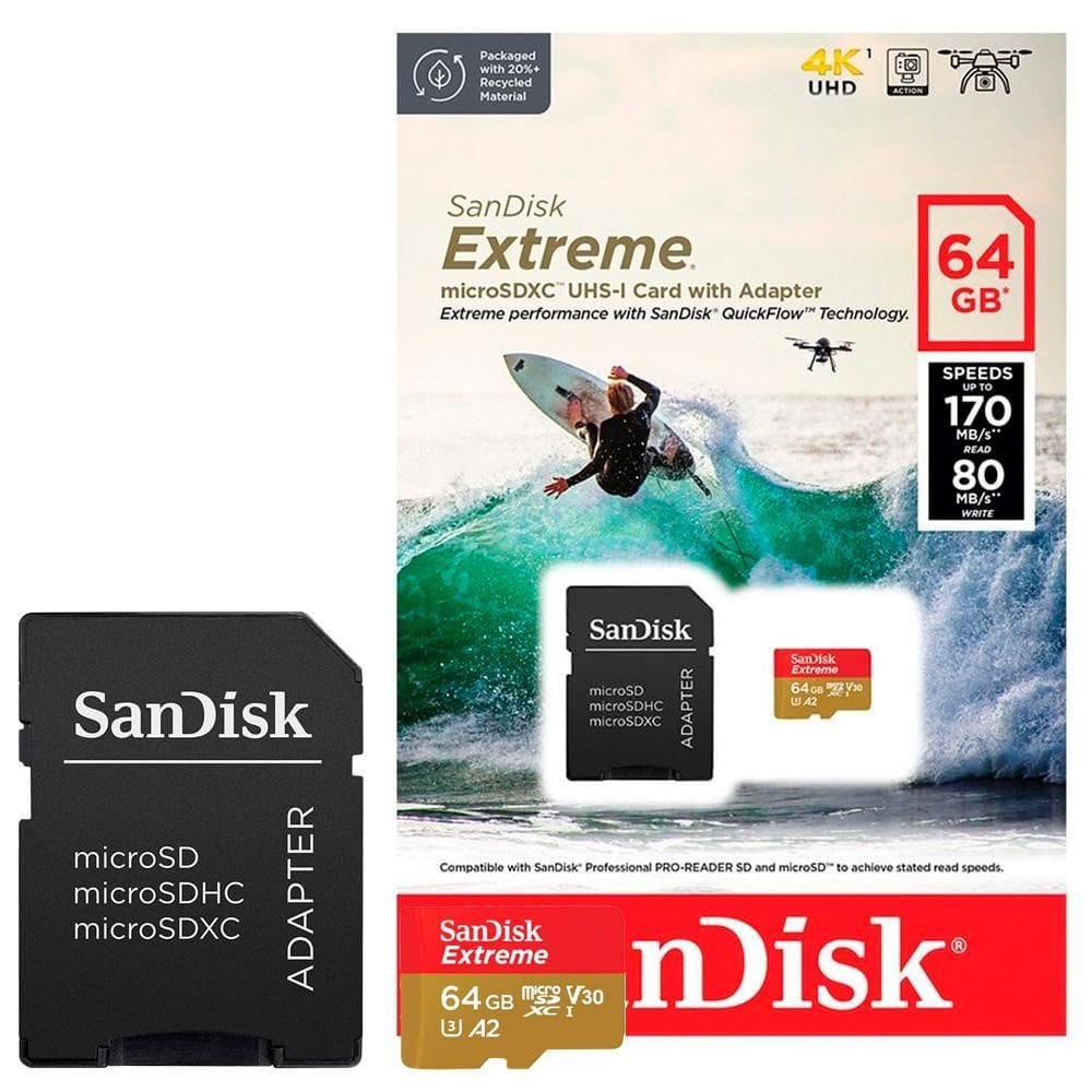 Cartão Micro Sd Sandisk Extreme 64Gb Com Adaptador Sd 170Mbs