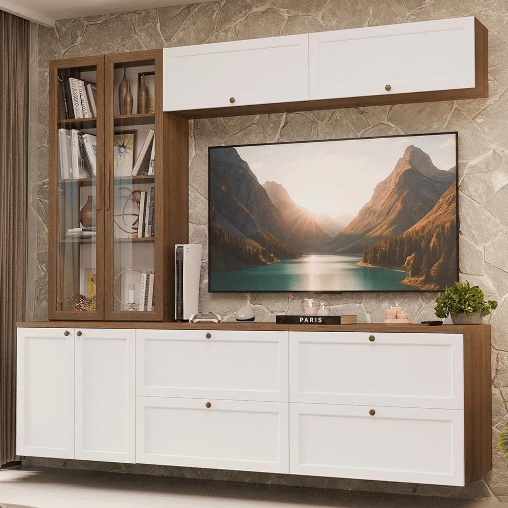 Estante Sala De Estar Com Rack + Cristaleira 230cm Vik Madesa 02 Rustic-branco